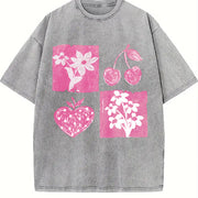 Pink Cherry and Fruit Vintage Washed T-Shirt in Gray