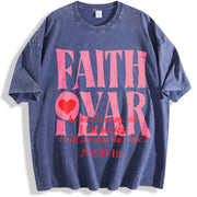 Faith Over Fear Jesus Christian vintage washed oversized T-shirt in Blue