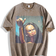 Angry Glam Doll Portrait Vintage Washed T-Shirt in Brown