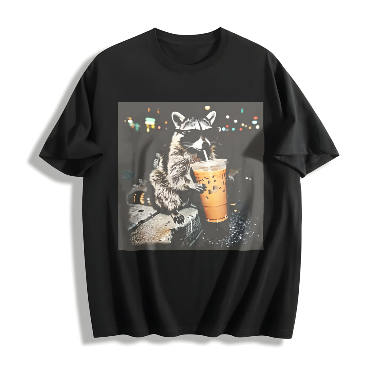 Raccoon Drinking Iced Coffee Cotton T-Shirt in Black