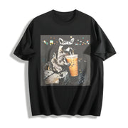 Raccoon Drinking Iced Coffee Cotton T-Shirt in Black