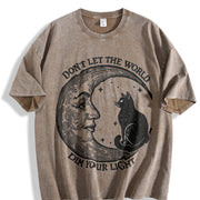 Don't Let the World Dim Your Light Moon and Cat Vintage Washed T-Shirt in Brown