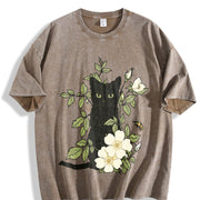 Animal Floral Cat 1pc Vintage Washed T-Shirt in Brown