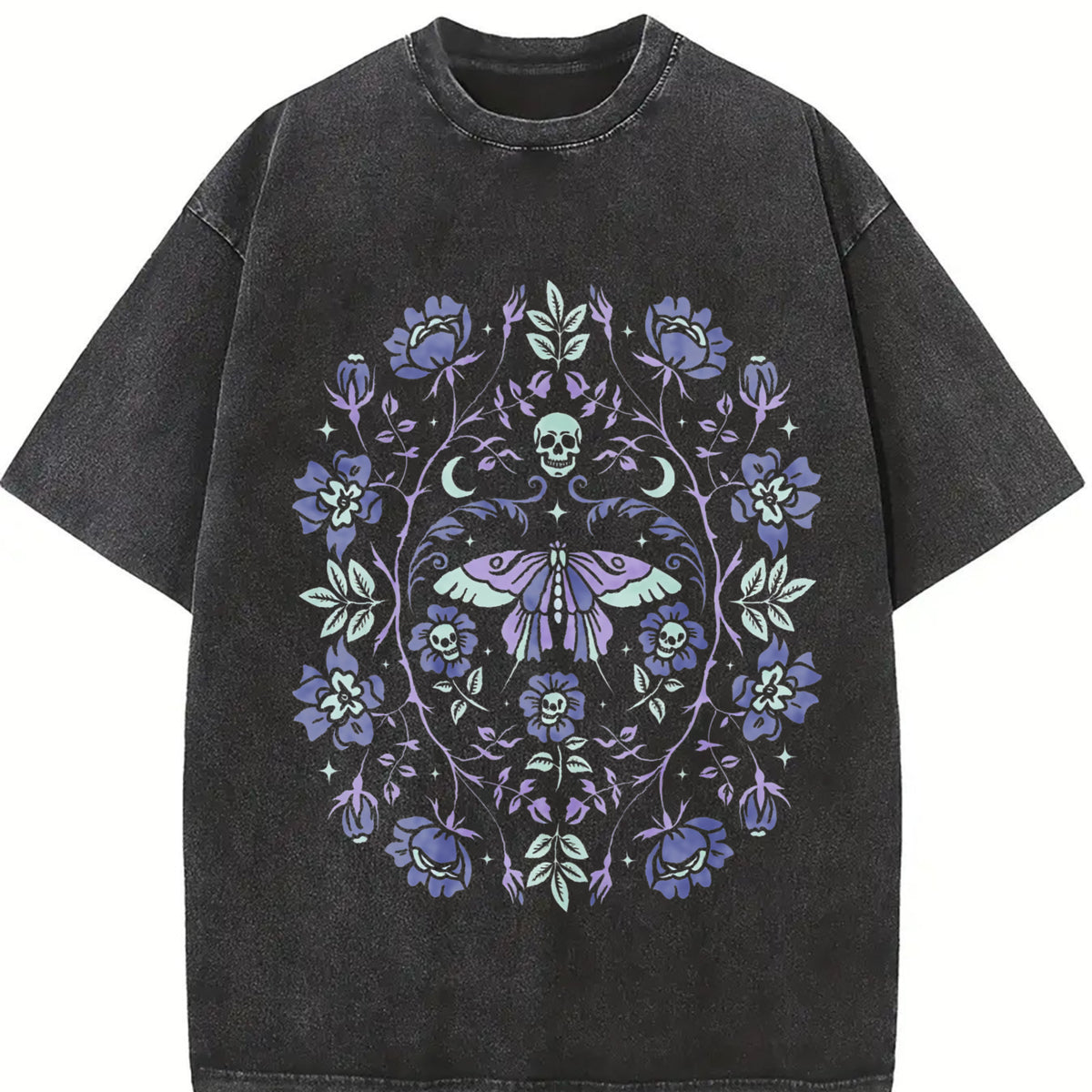 Gothic Garden Dark Academia Floral Skull Creepy Cute Vintage Washed T-Shirt in Black