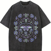 Gothic Garden Dark Academia Floral Skull Creepy Cute Vintage Washed T-Shirt in Black