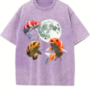 Koi Fish Howling at Moon 90s Vintage Washed T-Shirt in Purple