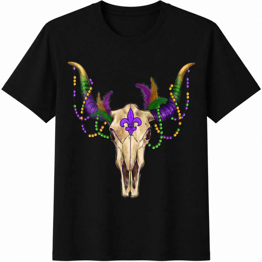 Mardi Gras Bull Skull Cotton T-Shirt in Black