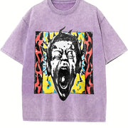 Premium Short-sleeve a Unique Punk Flame Screaming Face Vintage Washed T-Shirt in Purple