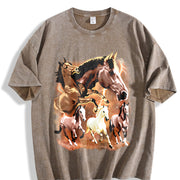 Wild Horses Retro Western Cowboy Vintage Washed T-Shirt in Brown