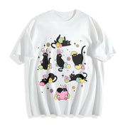 Easter: Black Cat with Bunny Ears in Various Poses Cotton T-Shirt in White