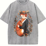 Bohemian Fox Mom Warm Hug One-piece Vintage Washed T-Shirt in Gray