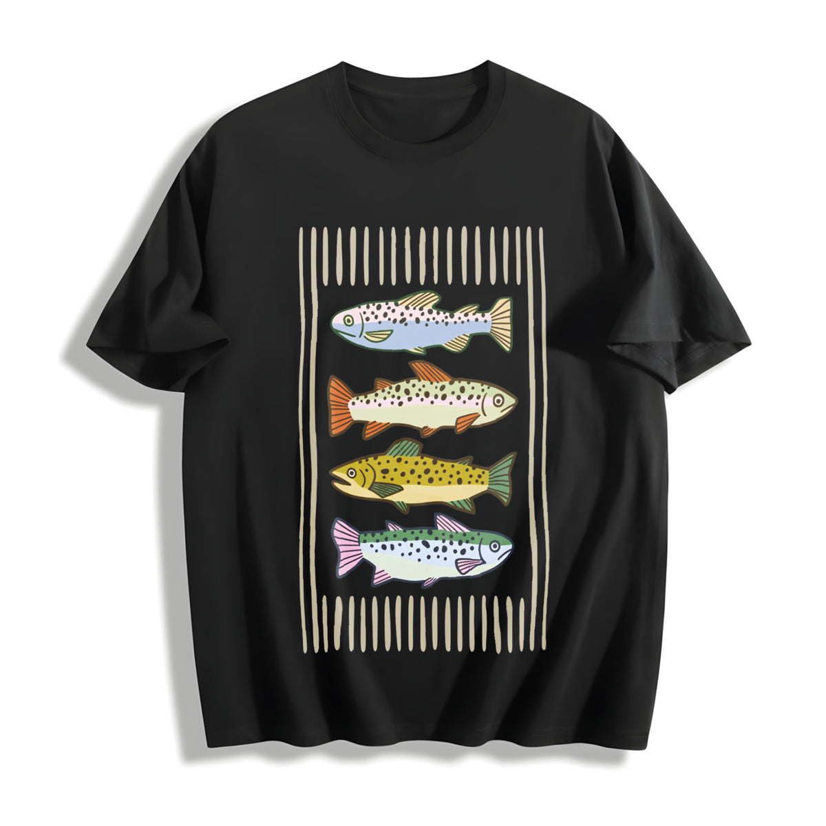 Trout Fish Retro Fish Cotton T-Shirt in Black
