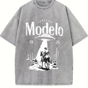 Modelo UFO Cowboy Retro with Cerveza Modelo Letter Vintage Washed T-Shirt in Gray