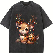 Christmas Reindeer & Deer Vintage Washed T-Shirt in Black