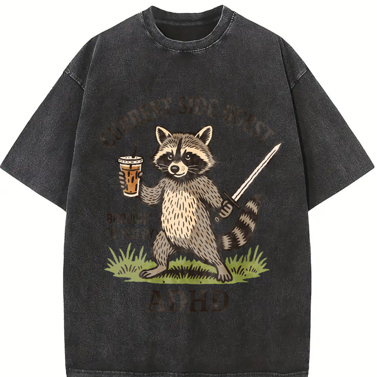 Adhd Raccoon Mental Health vintage washed oversized T-shirt in Black