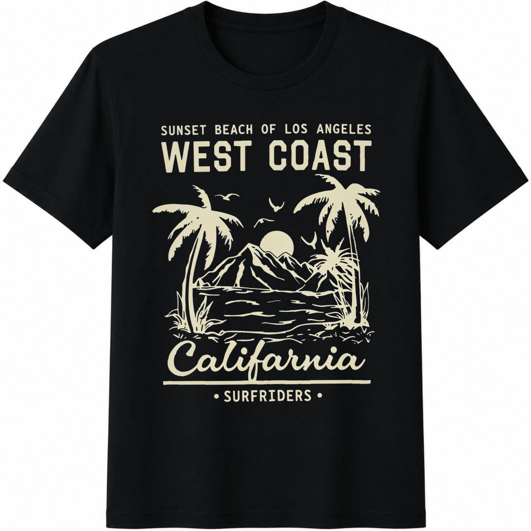 West Coast California Sunset Cotton T-Shirt in Black
