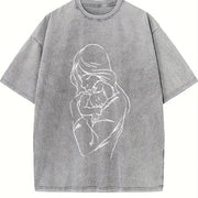 Mother and Child Line Art Vintage Washed T-Shirt in Gray