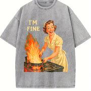 I’m Fine Retro Housewife Vintage Washed T-Shirt in Gray