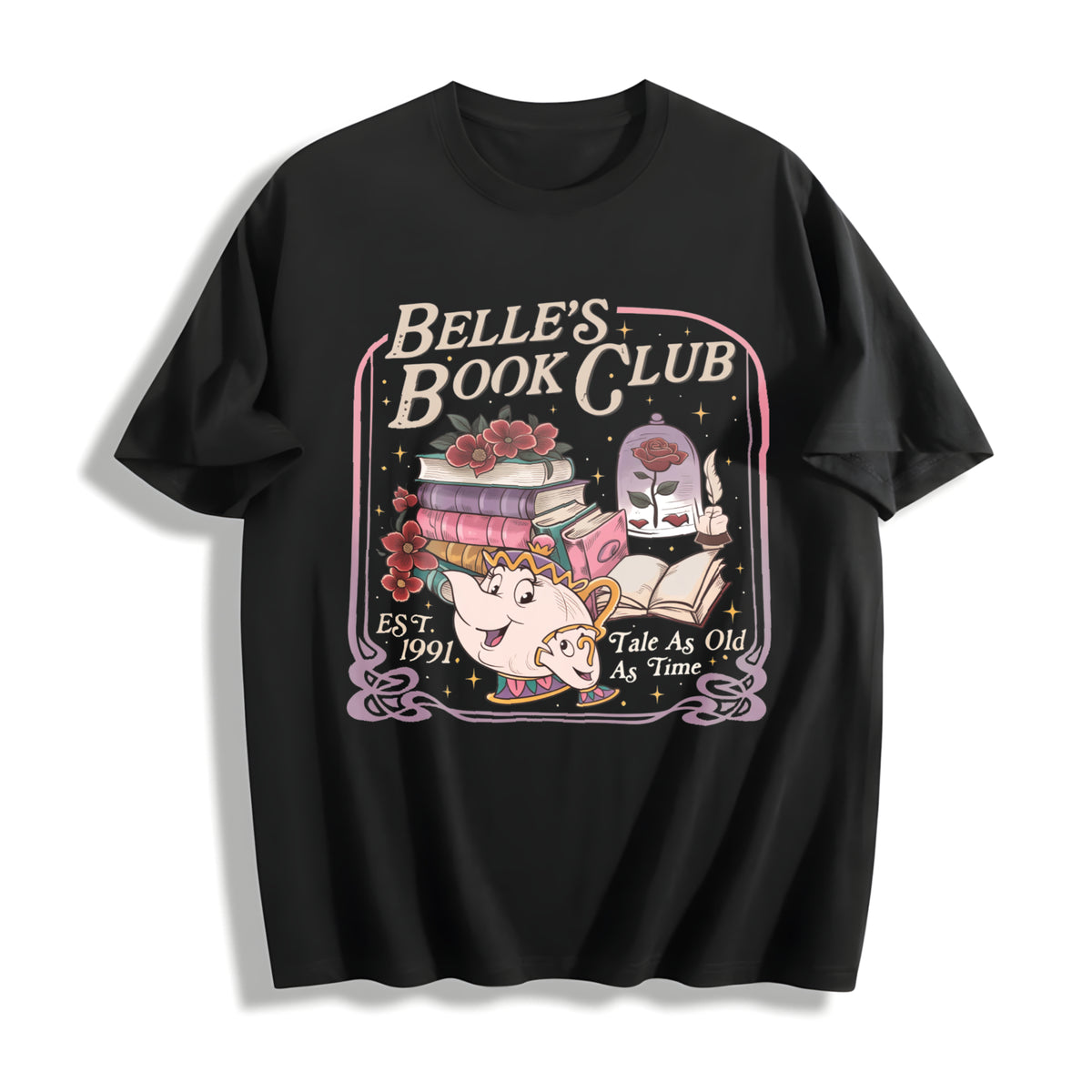 Belle Book Club Tale as Old as Time Belle Book Cafe Cotton T-Shirt in Black