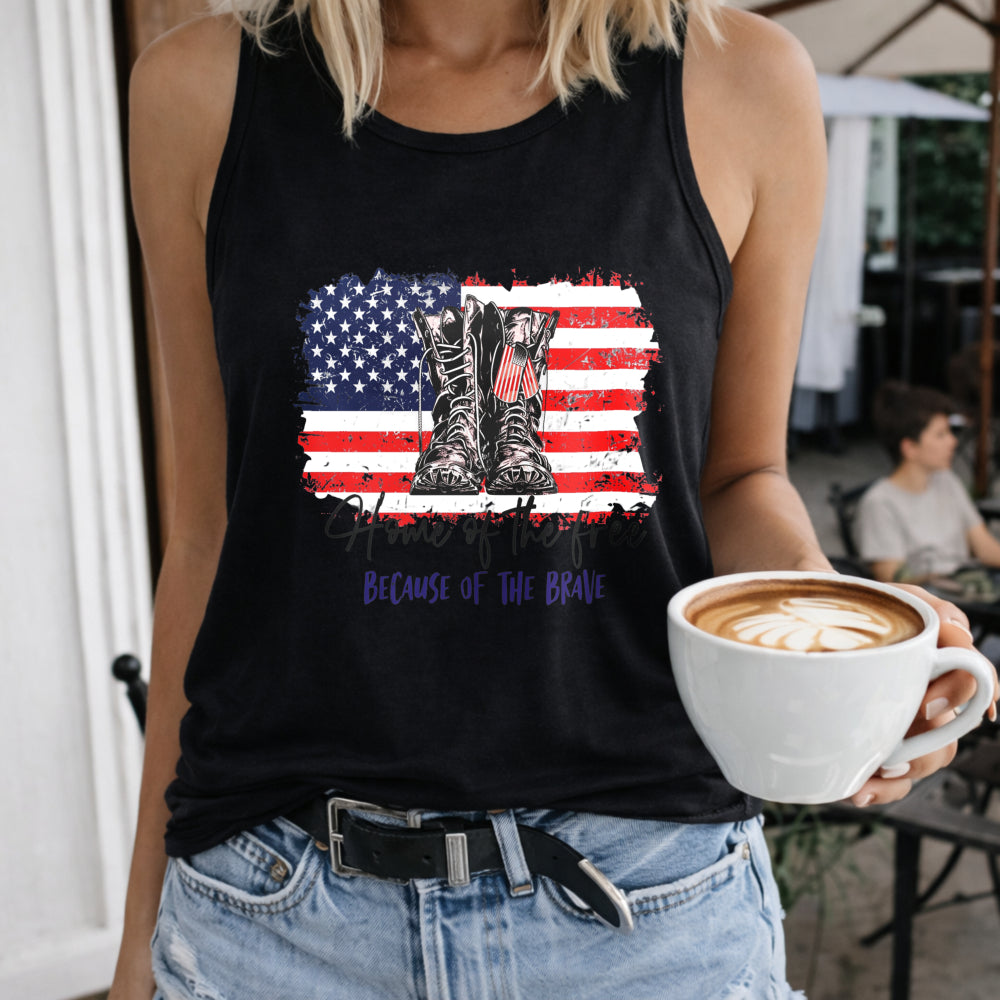Home of the Free Because of the Brave Women's Color Cotton Tank Top in Black