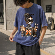 Skull Coffee Peace Sign Vintage Washed T-Shirt in Blue