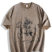 Retro Skeleton Riding Horse 90s Vintage Washed T-Shirt in Brown