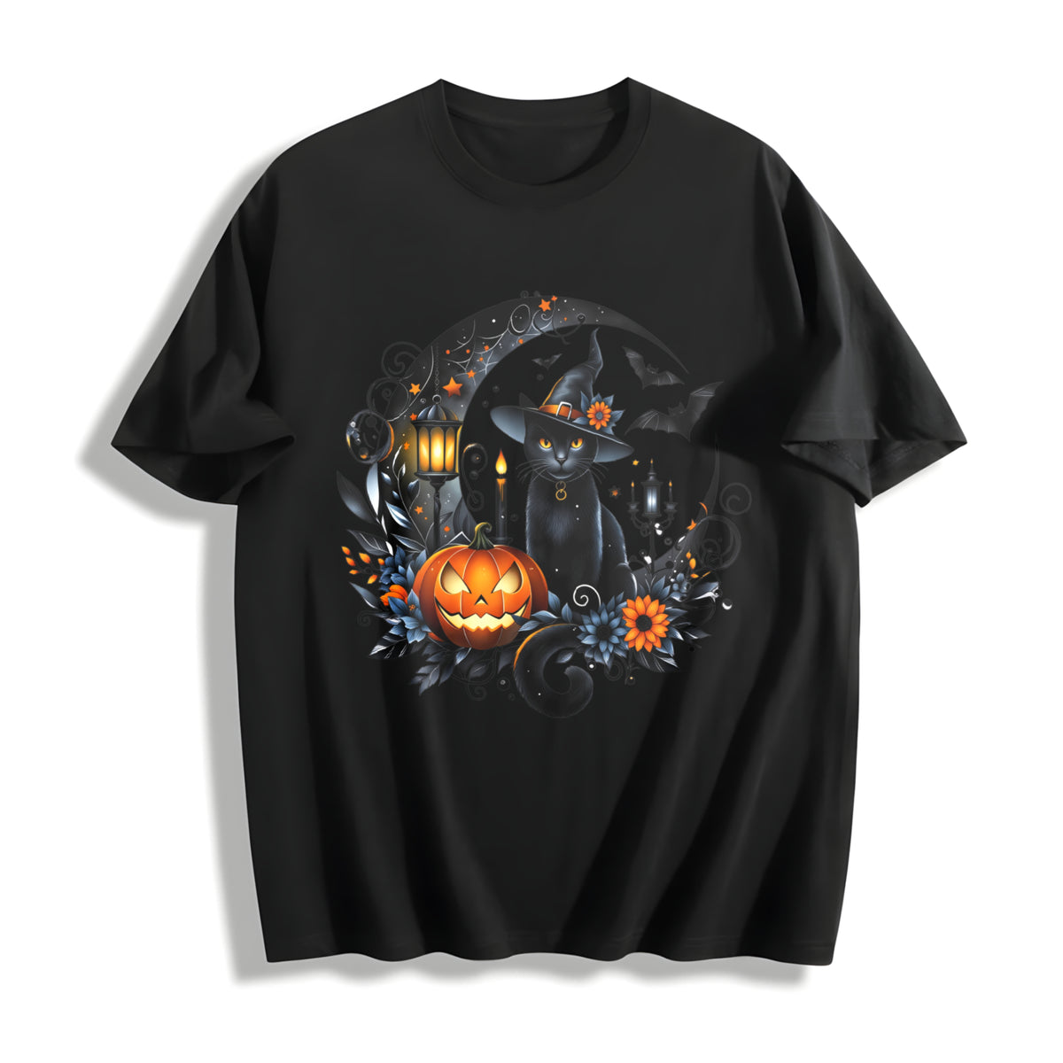 Gothic Witch Black Cat & Bats Cotton T-Shirt in Black