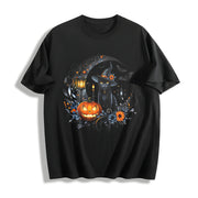 Gothic Witch Black Cat & Bats Cotton T-Shirt in Black