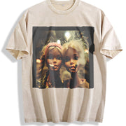 Two Glam Dolls Portrait Vintage Washed T-Shirt in Beige