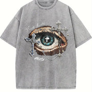 Eye & Cross Gothic Grunge Y2k Emo Scene Amity Affliction Vintage Washed T-Shirt in Gray