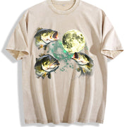 Bass Fishing Moon Retro Largemouth Fish Vintage Washed T-Shirt in Beige