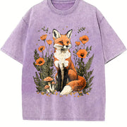 Plant and Animal Fox Floral Spotted Mushroom 1pc Vintage Washed T-Shirt in Purple