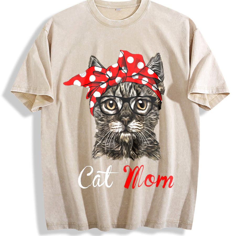 Cat Mom for Cat Lovers-Mothers Day vintage washed oversized T-shirt in Beige
