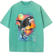 Midnight Orca Ocean Sunset vintage washed oversized T-shirt in Blue