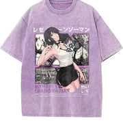 Japanese Reze Chainsaw Man Anime Beach vintage washed oversized T-shirt in Purple