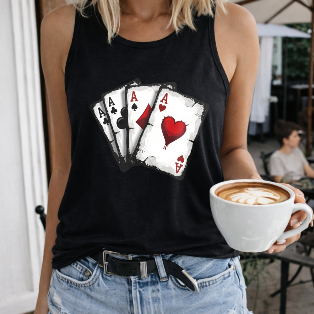 Four Aces Playing Cards Crew-neck Sleeveless Vest Outdoor Women's Color Cotton Tank Top in Black