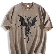 A Scale-patterned Black Dragon Round-neck Short-sleeve. Vintage Washed T-Shirt in Brown