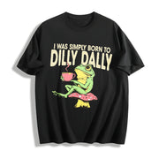 Frog on Mushroom Born to Dilly Dally Meme Cotton T-Shirt in Black