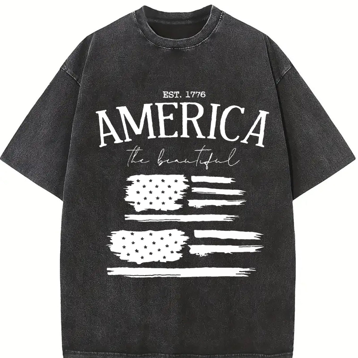 America the Beautiful EST 1776 Distressed Flag Double Vintage Washed T-Shirt in Black