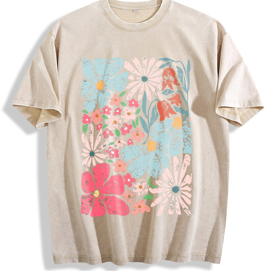 Blossoms Gorgeous Abstract Flowers Boho Floral vintage washed oversized T-shirt in Beige