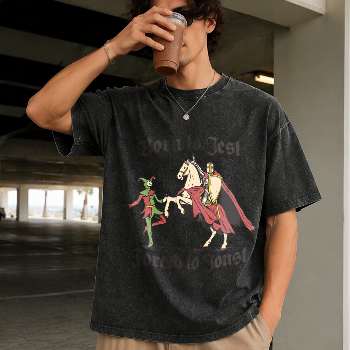 Born to Jest Forced to Joust Vintage Washed T-Shirt in Black