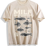 Milf Man I Love Fish 90s Vintage Washed T-Shirt in Beige