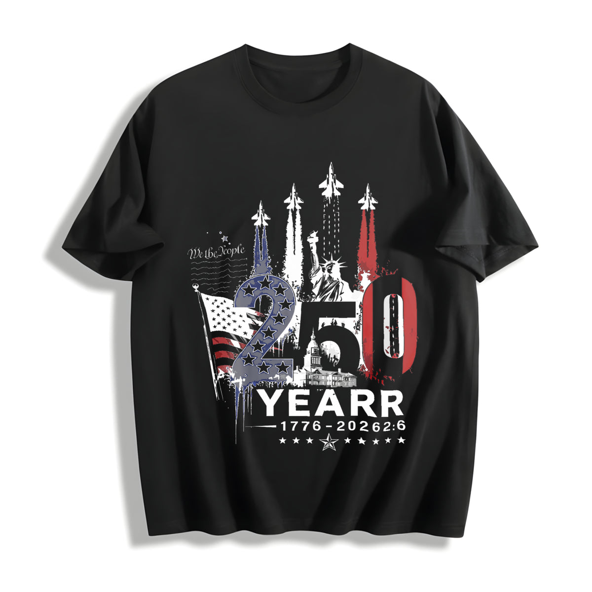 America 250 1776 to 2026 Fighter Jet Cotton T-Shirt in Black