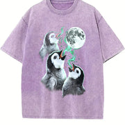 Penguin Howling to Moon 90s Vintage Washed T-Shirt in Purple