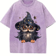 Autumn a Cartoon- Owl from the Early Days Vintage Washed T-Shirt in Purple