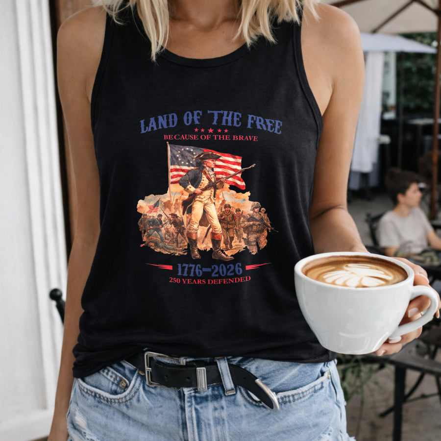 Land of the Free Because of the Brave Women's Color Cotton Tank Top in Black