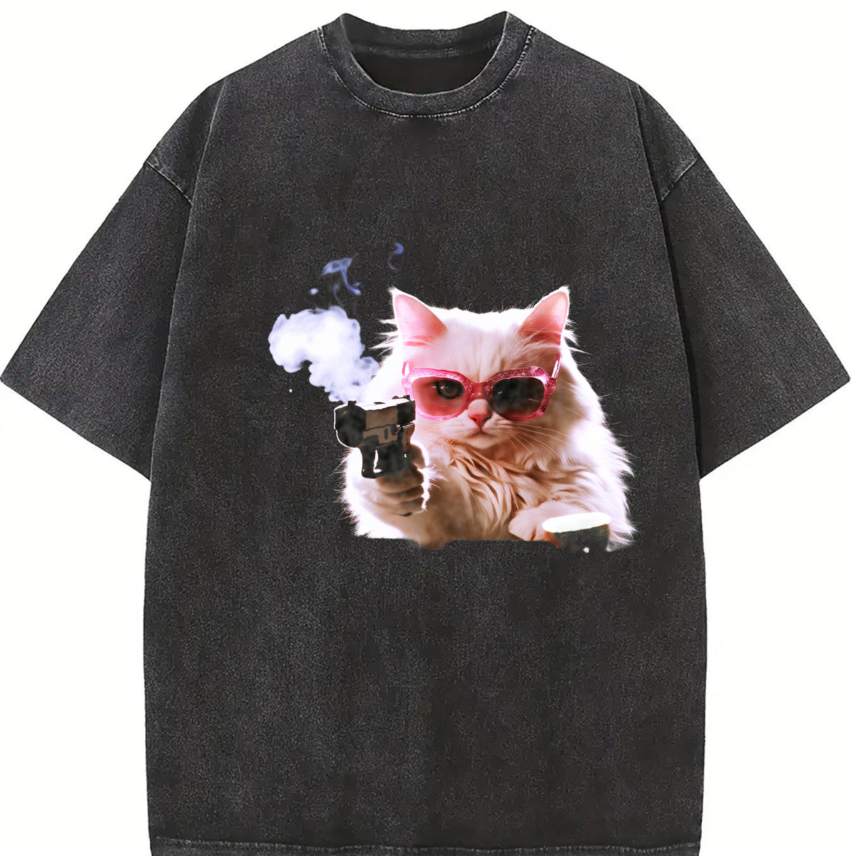 1pcscute Cat T-shirtmen's Vintage Washed T-Shirt in Black