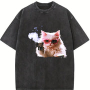 1pcscute Cat T-shirtmen's Vintage Washed T-Shirt in Black