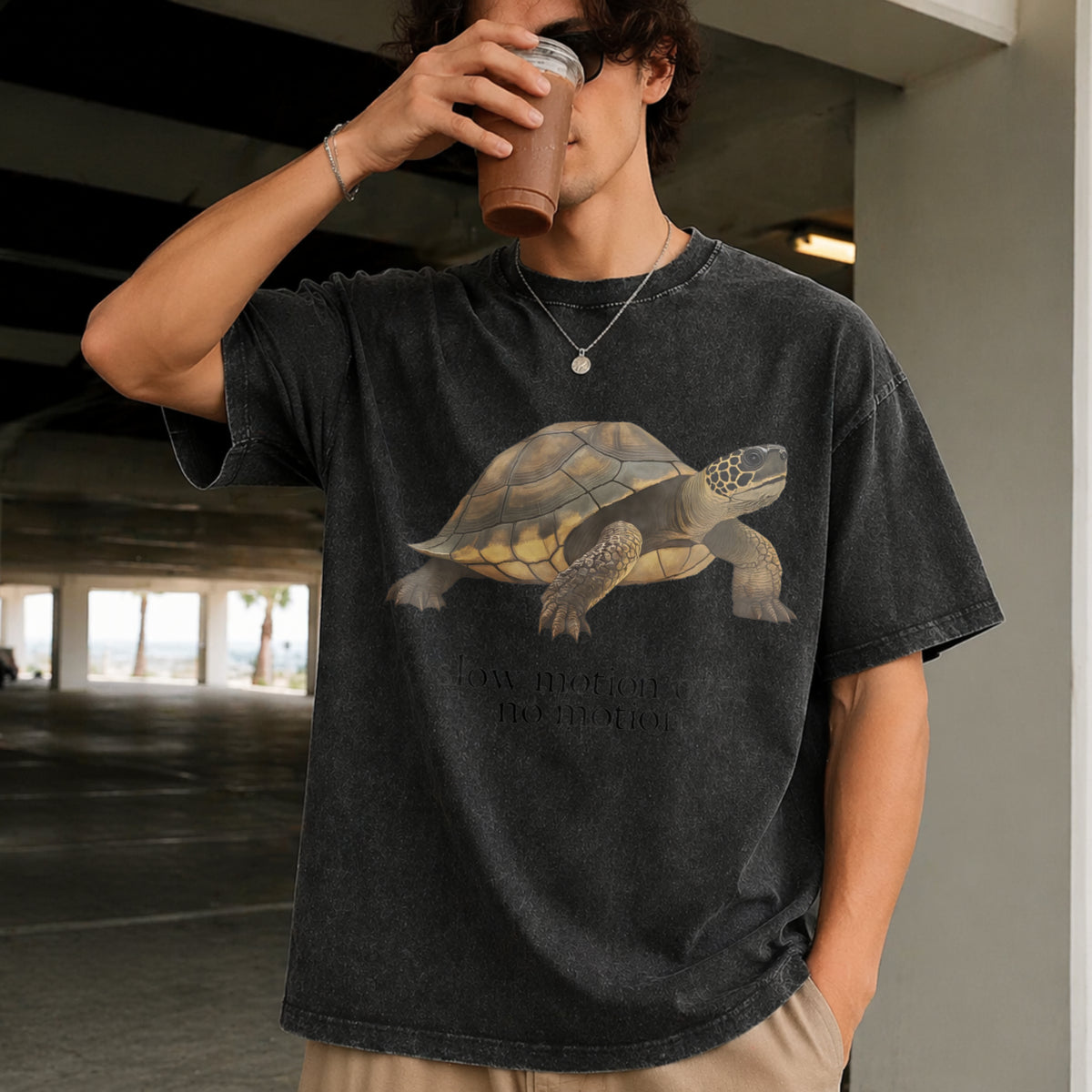 Slow Motion Over No Motion Turtle Vintage Washed T-Shirt in Black