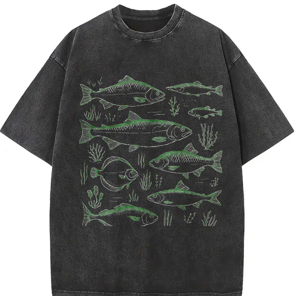Fish 90s Tattoo Fishing Vintage Washed T-Shirt in Black